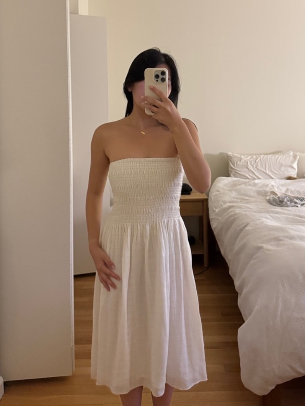 Aritzia Wilfred Smocked Shirred Strapless Midi Dress White Airy Boho Summer